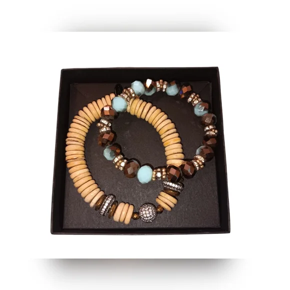 BPD 2 Piece Beaded Stretch Bracelet Set, Brown & Blue, NWOT - Picture 2 of 6
